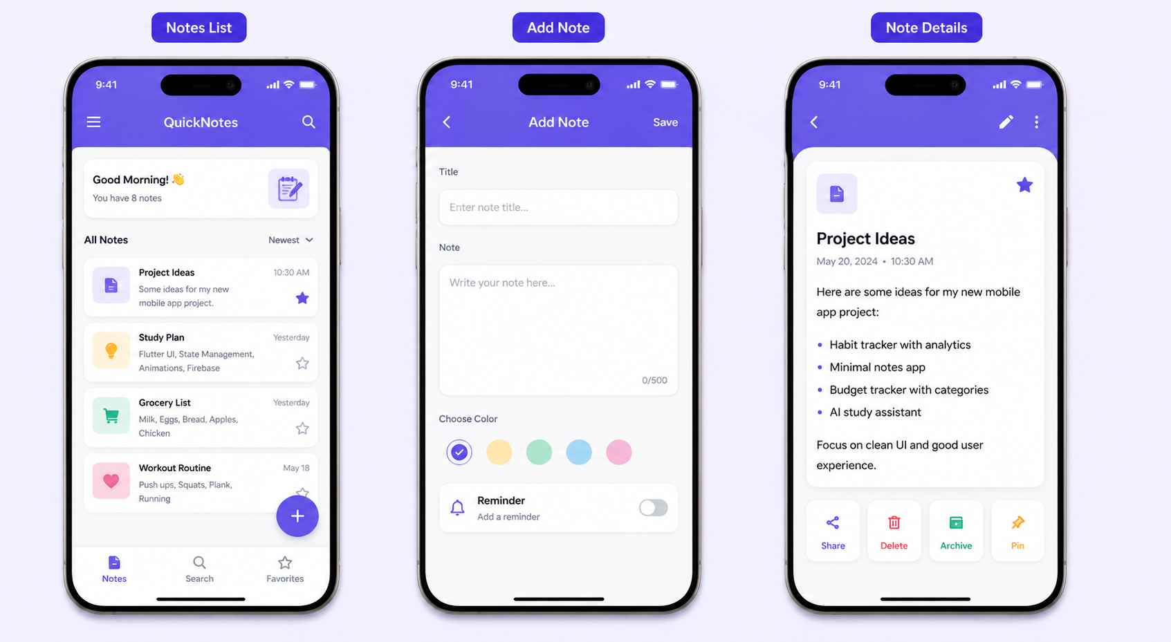 QuickNotes Screens